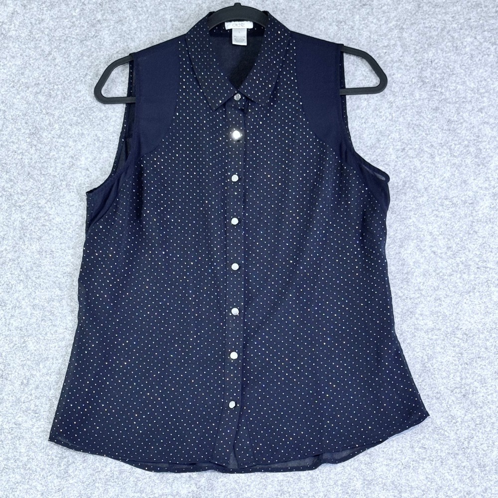 Cache Womens Top Large Sheer Navy Blue Polka Dot Sheer Patriotic Nautical Blouse